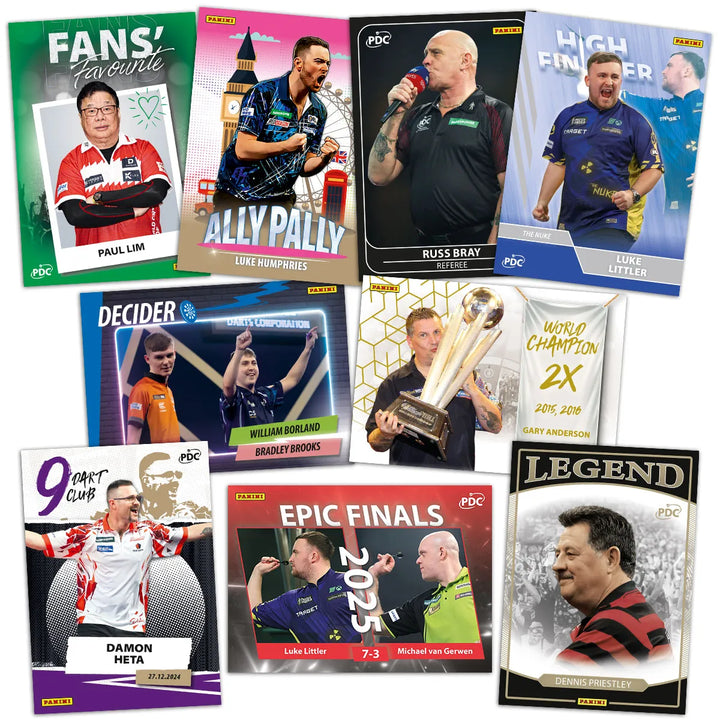 PDC World Championship Darts 2026 Trading Card Collection Premium Box featuring top players and legends in vibrant designs.