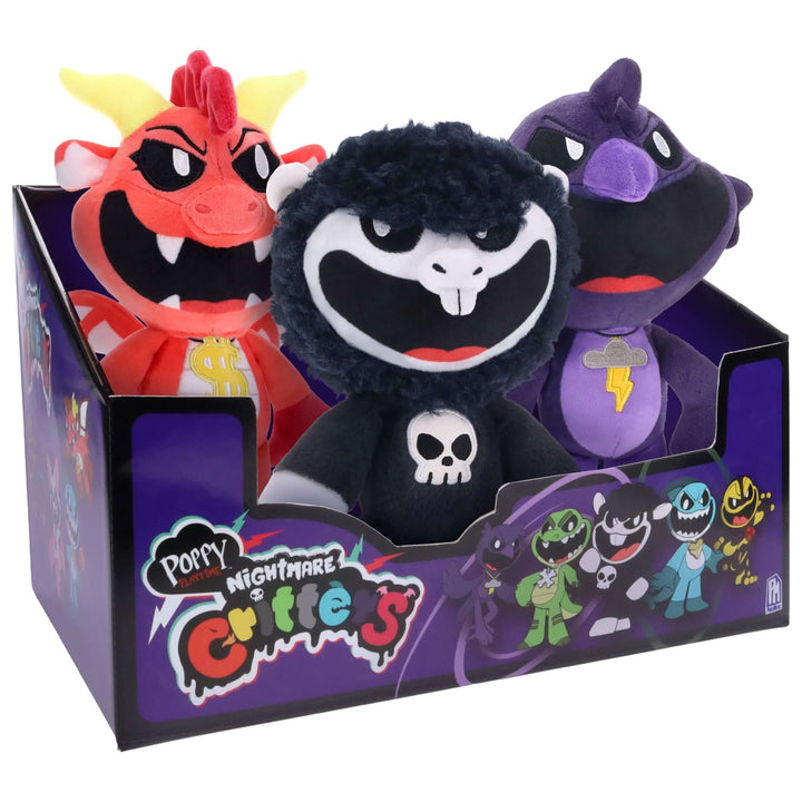 Poppy Playtime Series 4 Nightmare Critters 8" Collectable Plush set with three colorful characters in packaging.