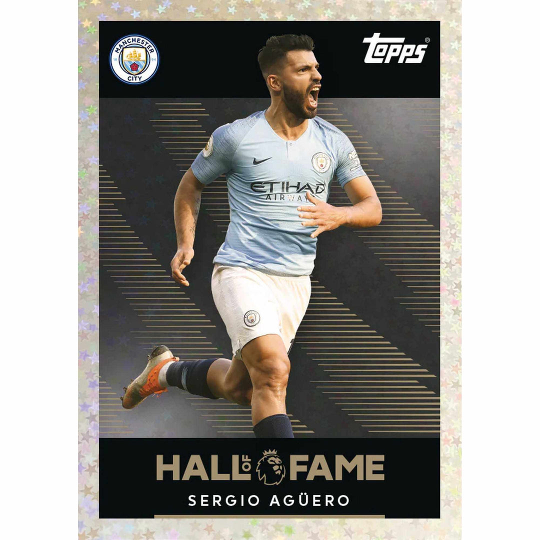 Premier League 2026 Stickers Multipack image featuring Sergio Agüero Hall of Fame card from Manchester City.