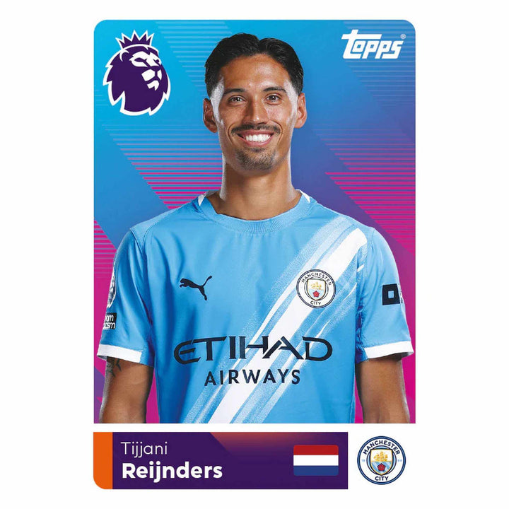 Premier League 2026 Stickers Eco Pack featuring Tijjani Reijnders in Manchester City kit