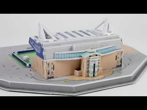 Chelsea Stamford Bridge Stadium 3D Puzzle displayed on a base showcasing detailed architecture.