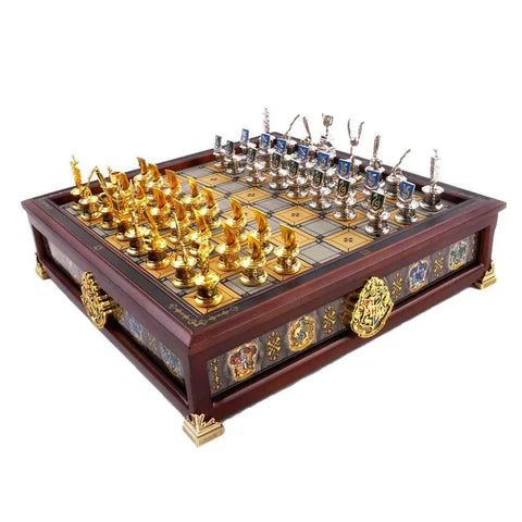Quidditch Chess Set featuring intricately detailed pieces in silver and gold plating, perfect for fans of the wizarding world.