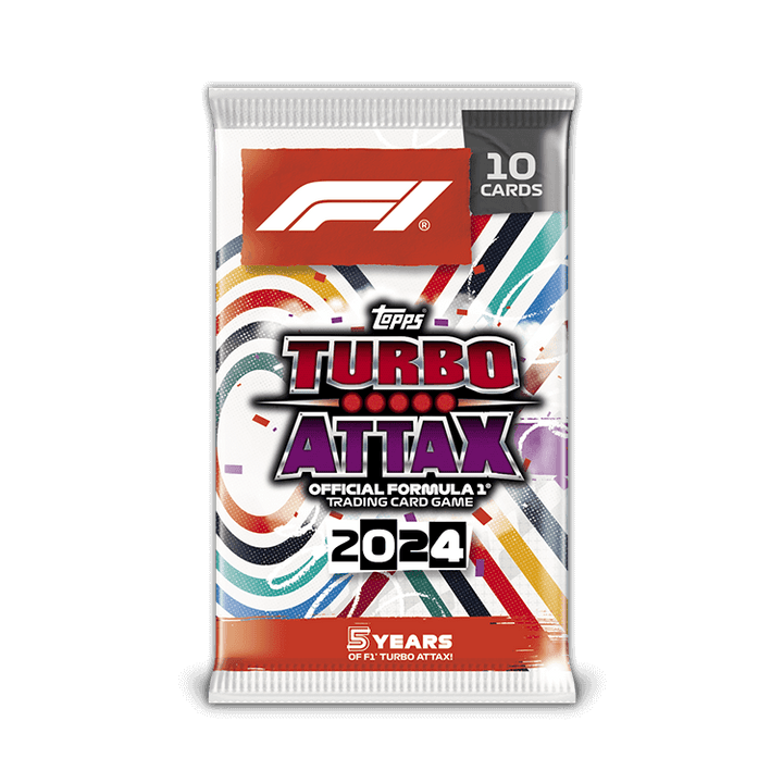 Turbo Attax Official F1 Trading Card Game 2024 10 Card Pack featuring colorful design and 5th anniversary logo.
