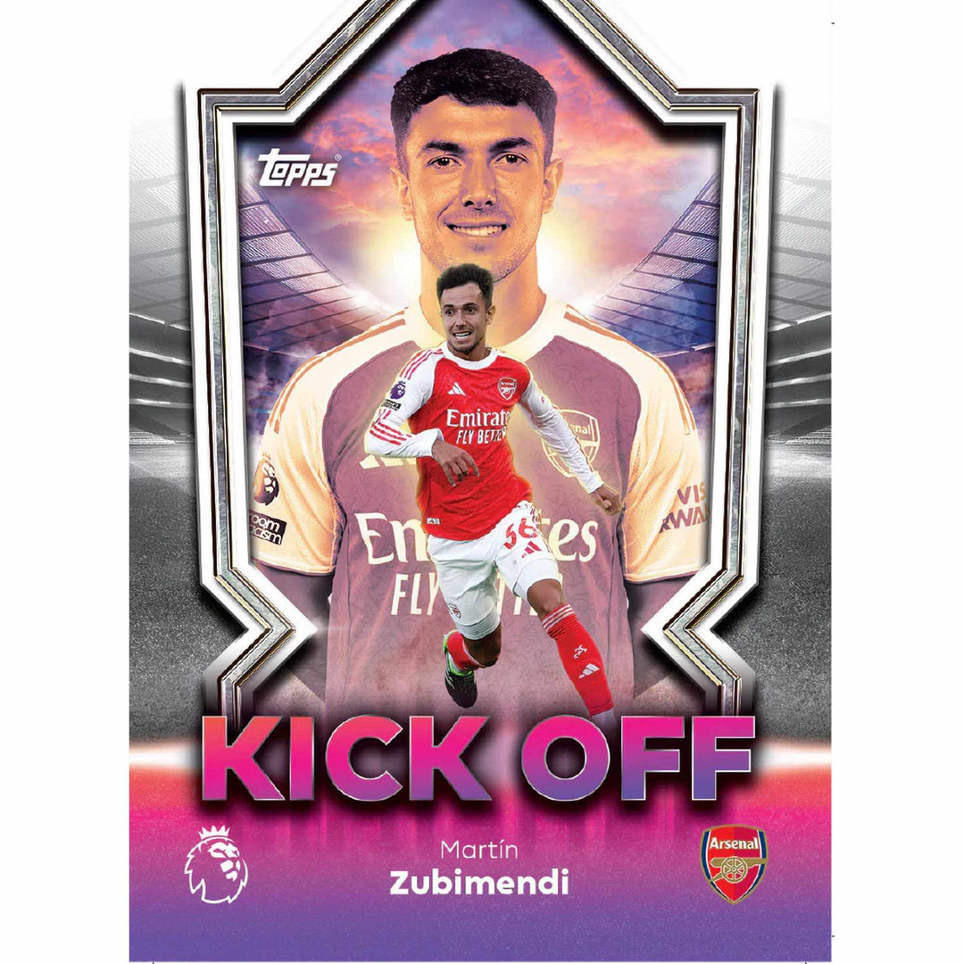 Premier League 2026 Stickers Starter Pack featuring Martín Zubimendi in Arsenal kit.