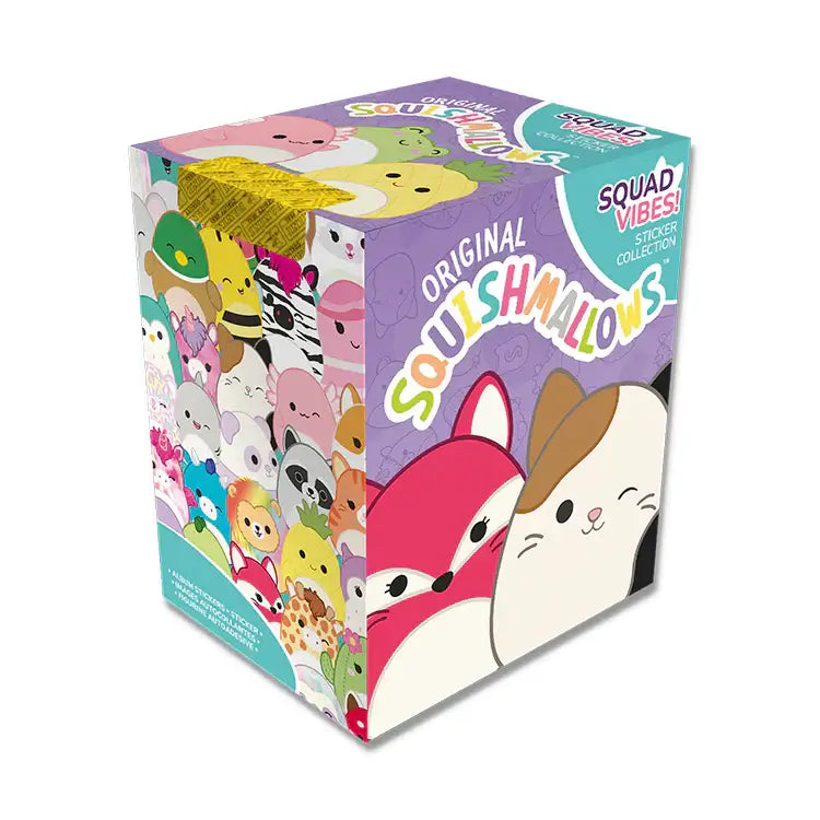 Squishmallows Squad Vibes Sticker Collection Box featuring colorful collectible character designs.