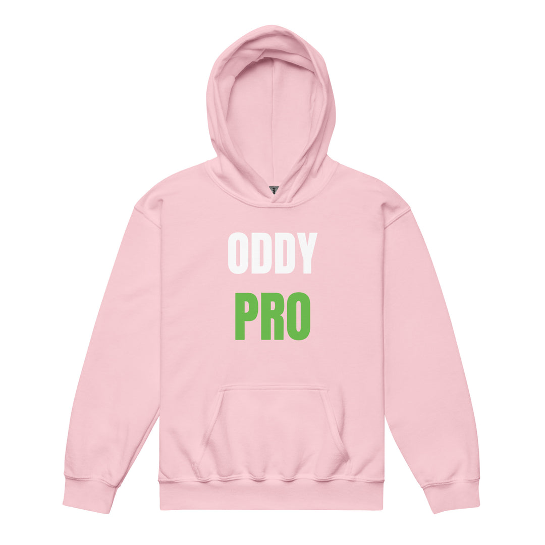 Oddy Pro Youth heavy blend hoodie in pink with bold white and green lettering