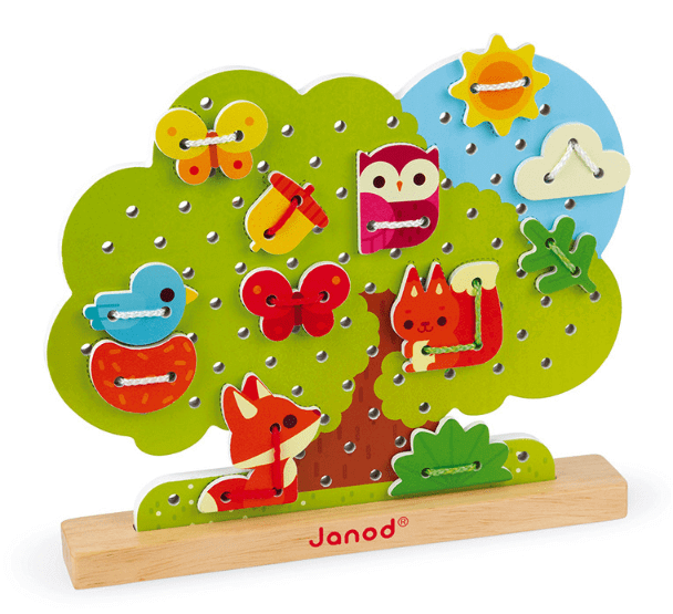 "Janod wooden lace-up tree with colorful animal decorations for developing fine motor skills and hand-eye coordination"