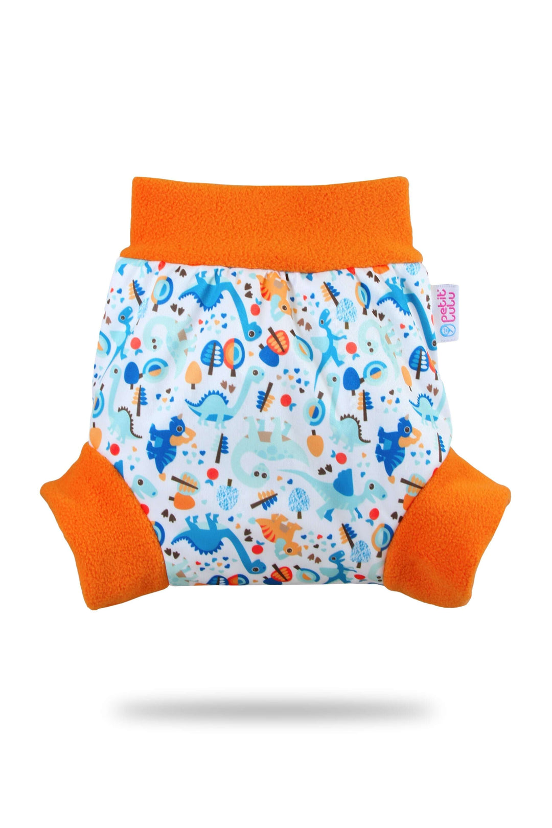 Large pull up cover with colorful dinosaur pattern and orange fleece cuffs, suitable for nappies, squares, or prefolds.