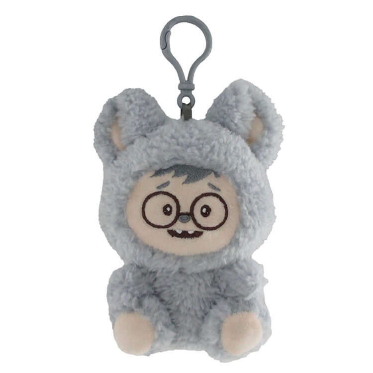 Zuzu &amp; Friendz collectible plush keychain blind box featuring a cute character in a gray sherpa outfit.